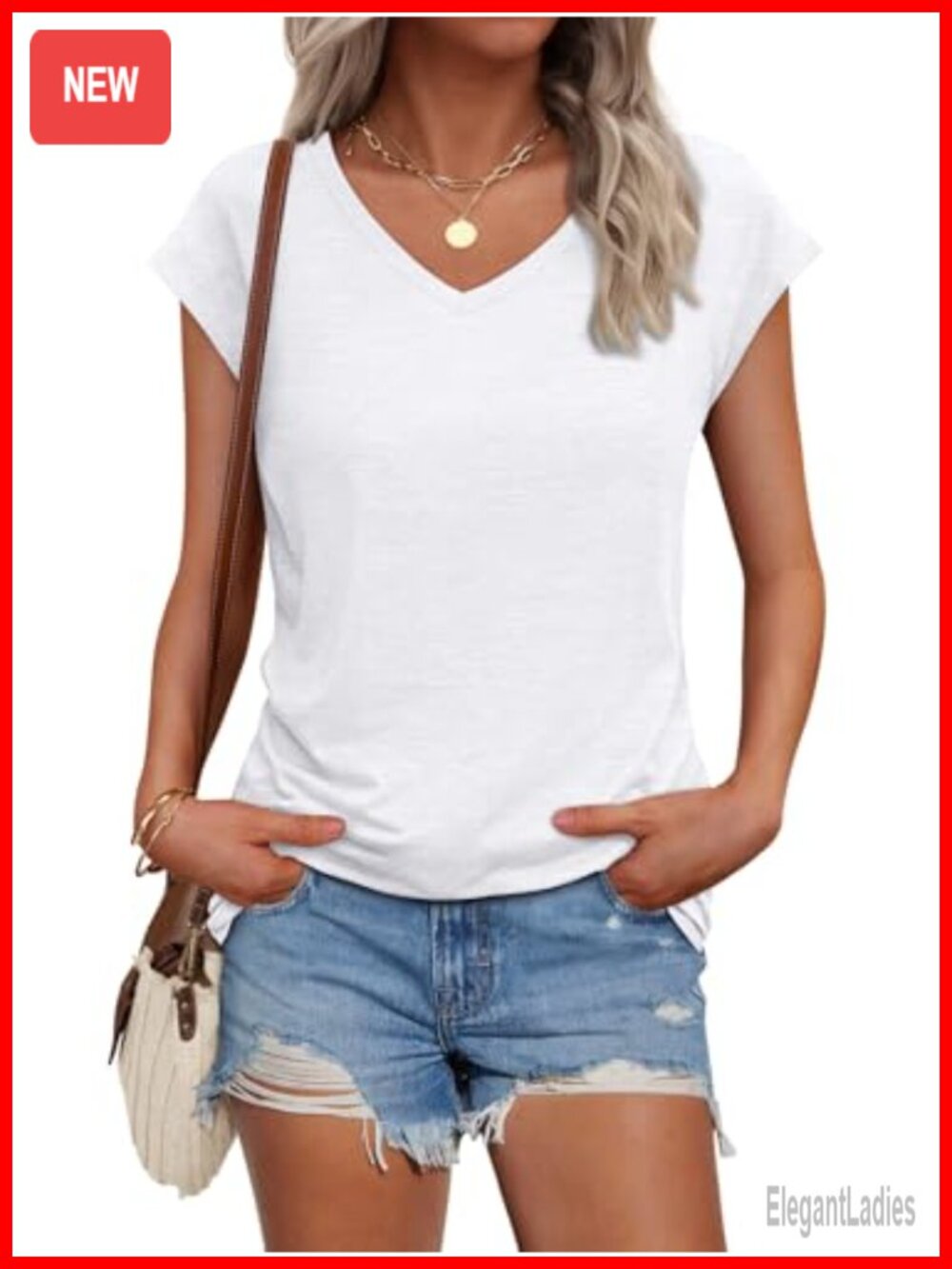 V Neck Cap Sleeve Basic Tee Soft Casual T-Shirt